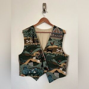 Vintage Tapestry Farm Vest With Chickens, Dogs, Sheep, Ducks, & Barn